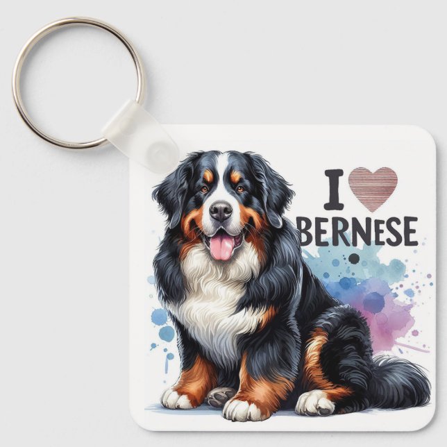 Chaveiro Watercolor I Love My Bernese Mountain Dog (Frente)