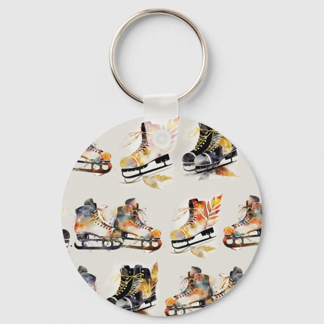 Chaveiro Watercolor Ice Skates with Autumn Leaves Pattern   (Frente)