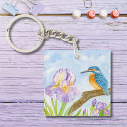 Chaveiro Watercolor Kingfisher with Purple Irises