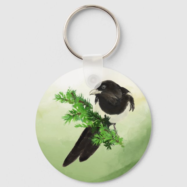 Chaveiro Watercolor Wildlife Magpie Bird Nature art (Frente)