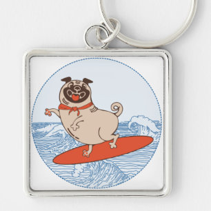 Chaveiro Wave riding happy pug dog on surfboard keychain