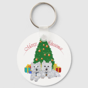 Chaveiro Westies junto à Árvore de Natal