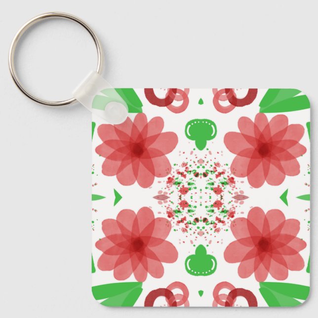 Chaveiro Whimsical Red Flowers Green Leaves On White Art (Frente)