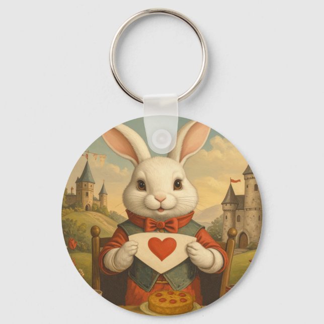 Chaveiro Whimsical White Rabbit Hearts Enchanted Wonderland (Frente)