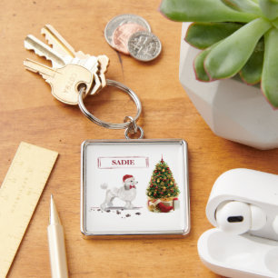 Chaveiro White Poodle Engraçado Cachorro de Natal com Árvor