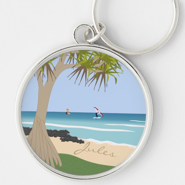 Chaveiro Wing Foil Surfers Pandanus Tree na praia adiciona  (Frente)