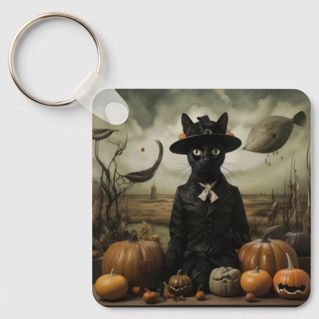 Chaveiro Witch Cat with Pumpkins  (Frente)