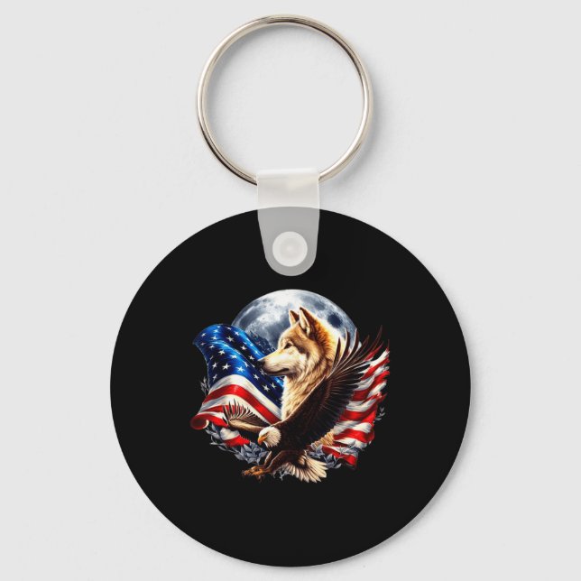 Chaveiro Wolf Bald Eagle American Flag Full Moon New Years  (Frente)