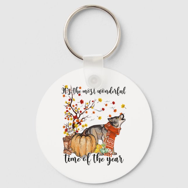 Chaveiro Wolf Dog Fall Pumpkins Autumn Leaf Tree (Frente)