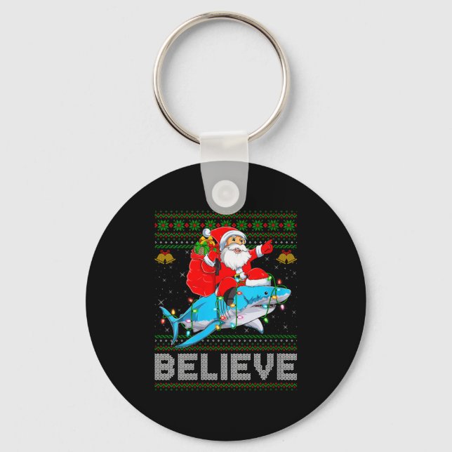 Chaveiro Womens Believe Xmas Funny Santa Riding Shark Ugly  (Frente)