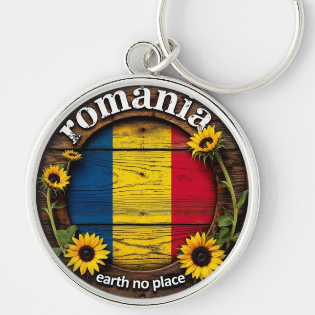 Chaveiro Wooden sign with sunflowers and flag of Romania (Frente)