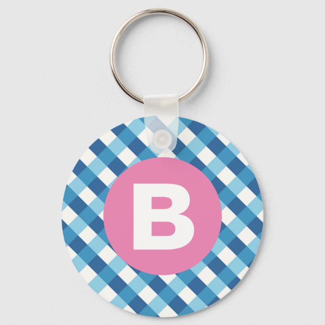 Chaveiro Xadrez Azul e Branco Monograma Rosa (Frente)