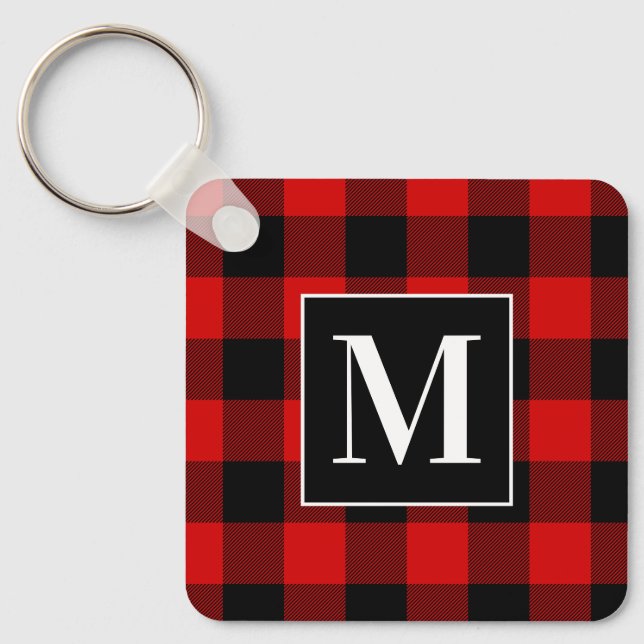 Chaveiro Xadrez Búfalo Vermelho e Preto Monogramado (Frente)