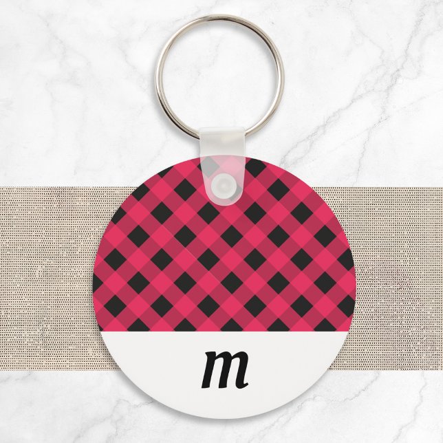 Chaveiro Xadrez de controlo de búfalos russos monograma (A keyring with red and black buffalo check pattern, and a white section to customize with a monogram)