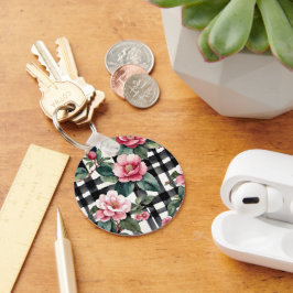 Chaveiro Xadrez Preta e Branca com Camellias Rosa Folha