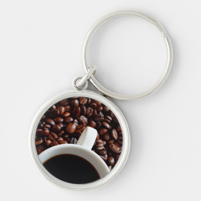 Chaveiro Xícara de café com café, fundo de grãos de café (Frente)