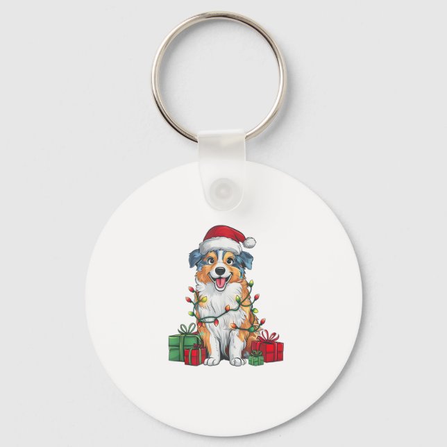 Chaveiro Xmas Lighting Santa Hat australiano Shepherd Dog C (Frente)