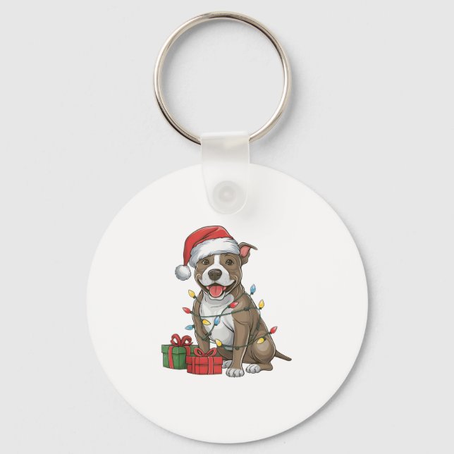 Chaveiro Xmas Lighting Santa Hat Pitbull Cristo de Cachorro (Frente)