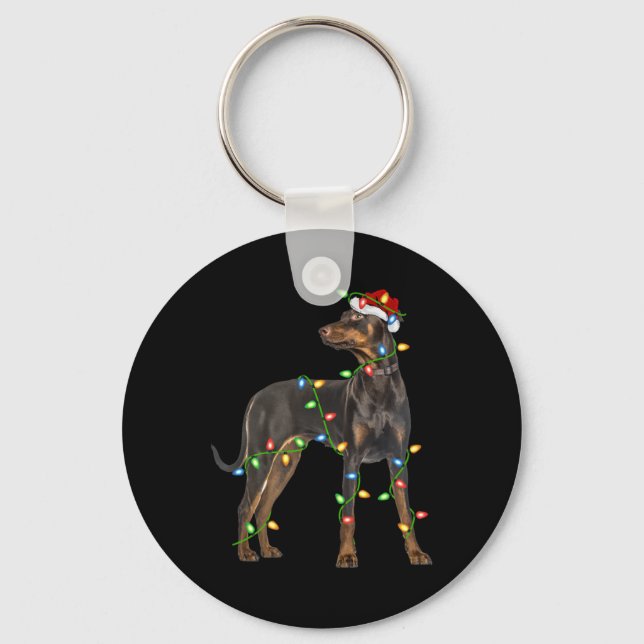 Chaveiro Xmas Lights Santa Hat Doberman Nscher Dog Christ T (Frente)