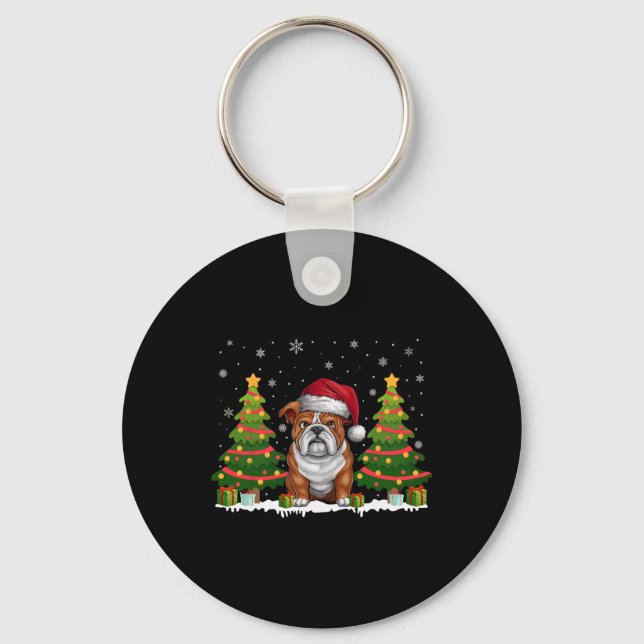 Chaveiro Xmas Tree Lights Inglês Bulldog Santa Hat Natal (Frente)