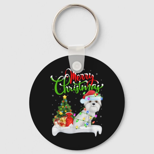 Chaveiro Xmas Tree Lights Santa Hat Maltese Dog Christmas T (Frente)