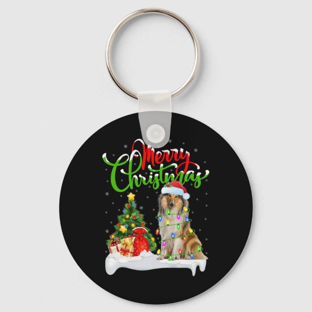 Chaveiro Xmas Tree Lights Santa Hat Rough Collie Dog Christ (Frente)