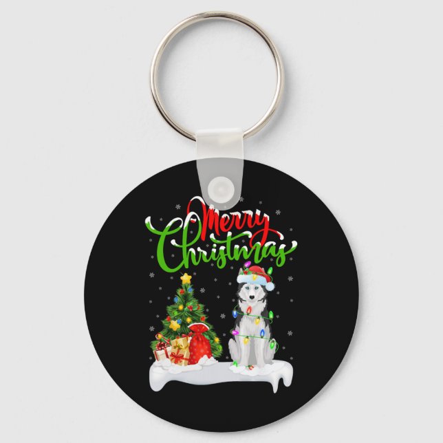 Chaveiro Xmas Tree Lights Santa Hat Siberian Husky Chri (Frente)