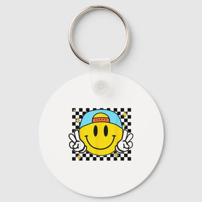 Chaveiro Yellow Smile Face Cute Checkered Peace Smiling Hap (Frente)