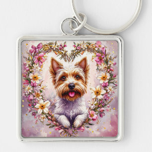 Chaveiro Yorkie Adorável Rodeado por Coroa Floral