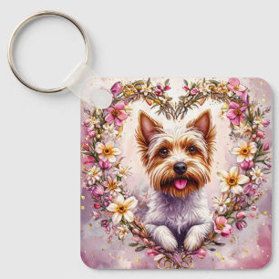 Chaveiro Yorkie Adorável Rodeado por Grinalda Floral