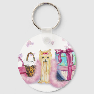 Chaveiro Yorkshire Terrier Pink Feather Boa Key Chain