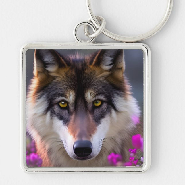Chaveiro Young wolf in pink flowers (Frente)