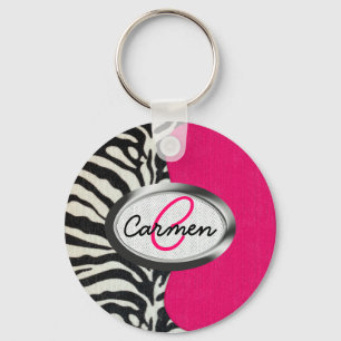 Chaveiro Zebra e rosa de néon com monograma metálico