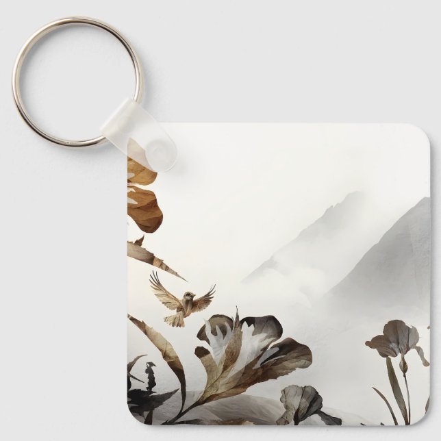 Chaveiro Zen Misty Mountain Birds Minimalist Nature (Frente)