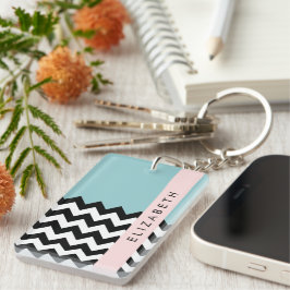 Chaveiro Zigzag preto-e-branco, Chevron, azul, seu nome