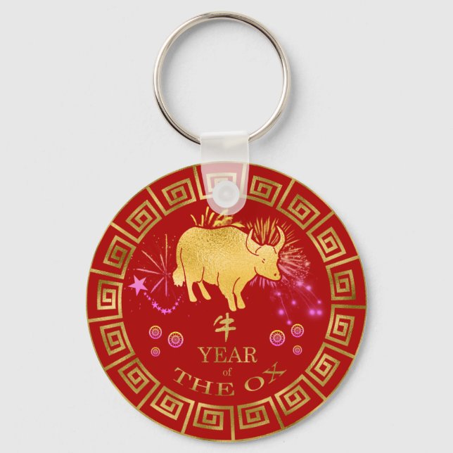 Chaveiro Zodiac Ox Red/Dourado ID542 chinês (Frente)