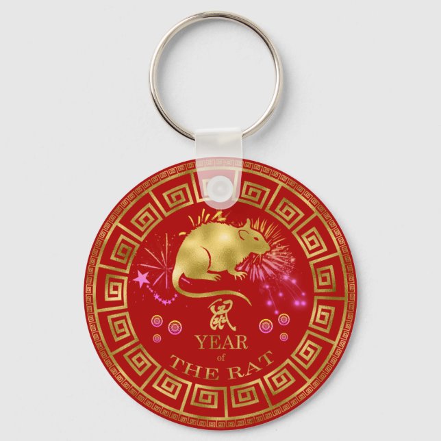 Chaveiro Zodiac Rat Red/Dourado ID542 chinês (Frente)