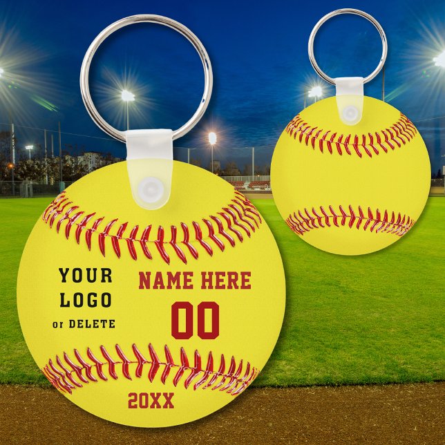 Chaveiros de softball personalizados Seu texto e l (Softball Party Favors, Personalized, Cheap softball gifts for players. Softball team gift ideas. Red)