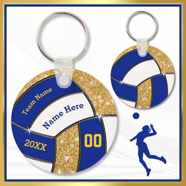 Chaveiros de voleibol azuis, brancos e Dourados (Volleyball Souvenirs. Volleyball Keychains. Volleyball Team Gifts. Personalized Volleyball Gifts. )