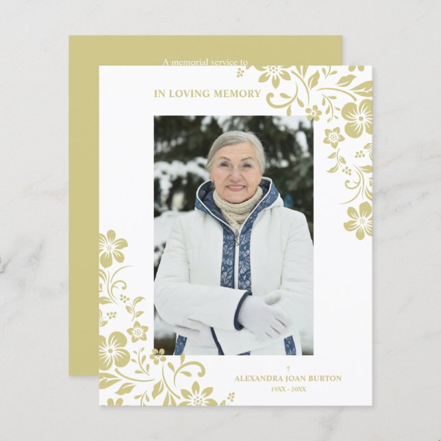 Cheap Classic Gold Floral Funeral Service Photo (Frente/Verso)