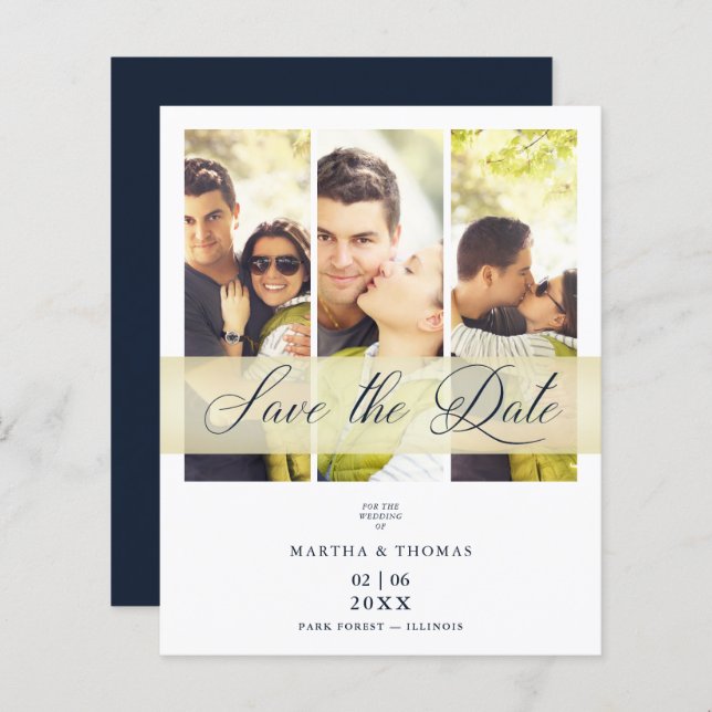Cheap Navy Trendy 3 Photos Wedding Engagement (Frente/Verso)