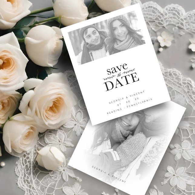 Cheap Sophisticated BW Minimalist 2 Photos Wedding (Cheap Cheap Elegant Simplicity B&W 2 Photos Couple Wedding Save the Date Card with Envelope. )
