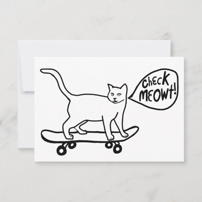 Check Meowt Punny Skateboard Cat Black Card (Frente)