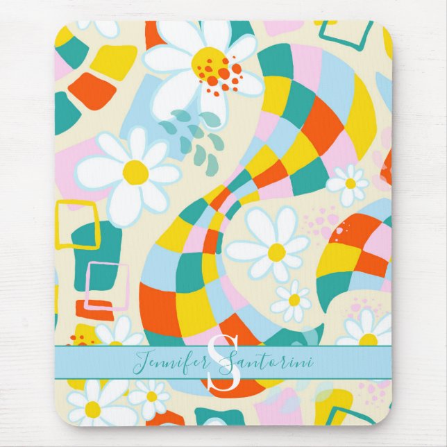 Cheerful Checks Abstrato Monogrammed Mousepad (Frente)