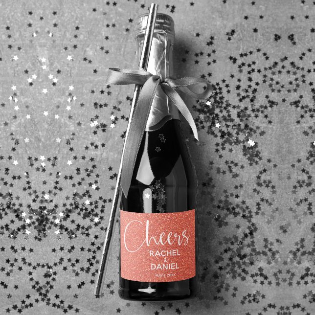 Cheers Faux ORANGE GLITTER Wedding Mini (Cheers orange faux glitter mini sparkling wine labels personalized for your wedding)