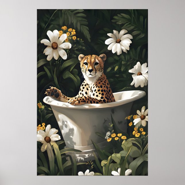 Cheetah In Bathtub Poster, Funny Animal Poster (Frente)