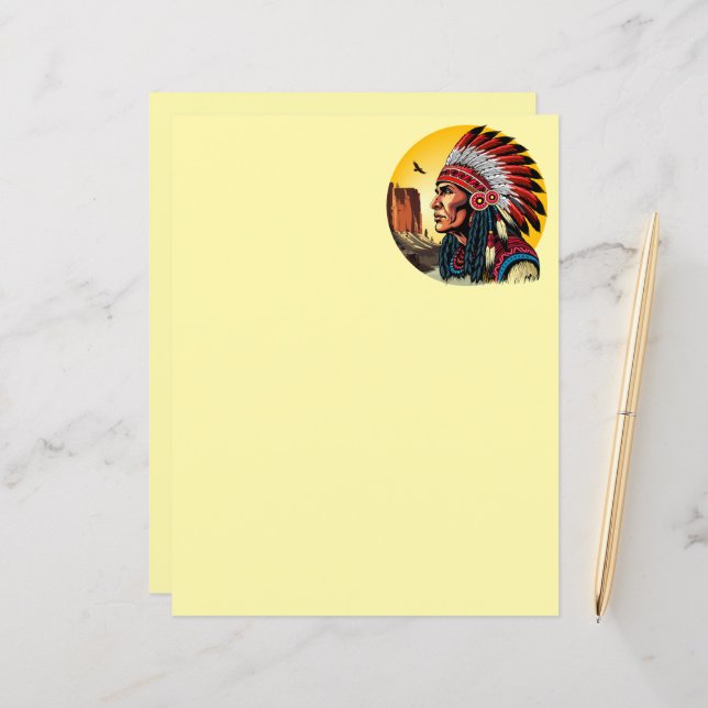 Chefe Indígena Americano no pôr do sol em paisagem (Frente/Verso In Situ)