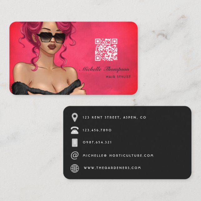 Chefe Lady Hair Stylist Código QR Cartão de visita (Frente/Verso)