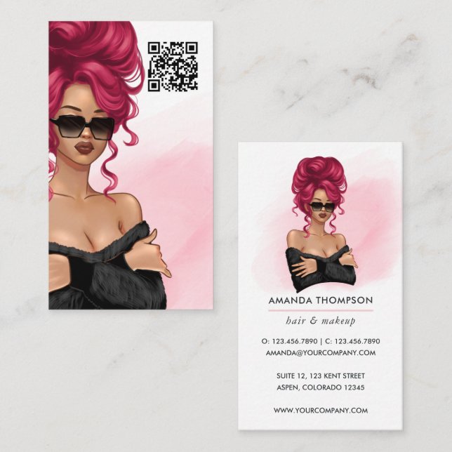 Chefe Lady Hair Stylist Código QR Cartão de visita (Frente/Verso)