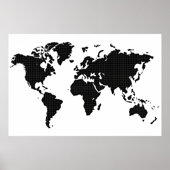 Cheio Black Color Wall Art World Map Poster (Frente)